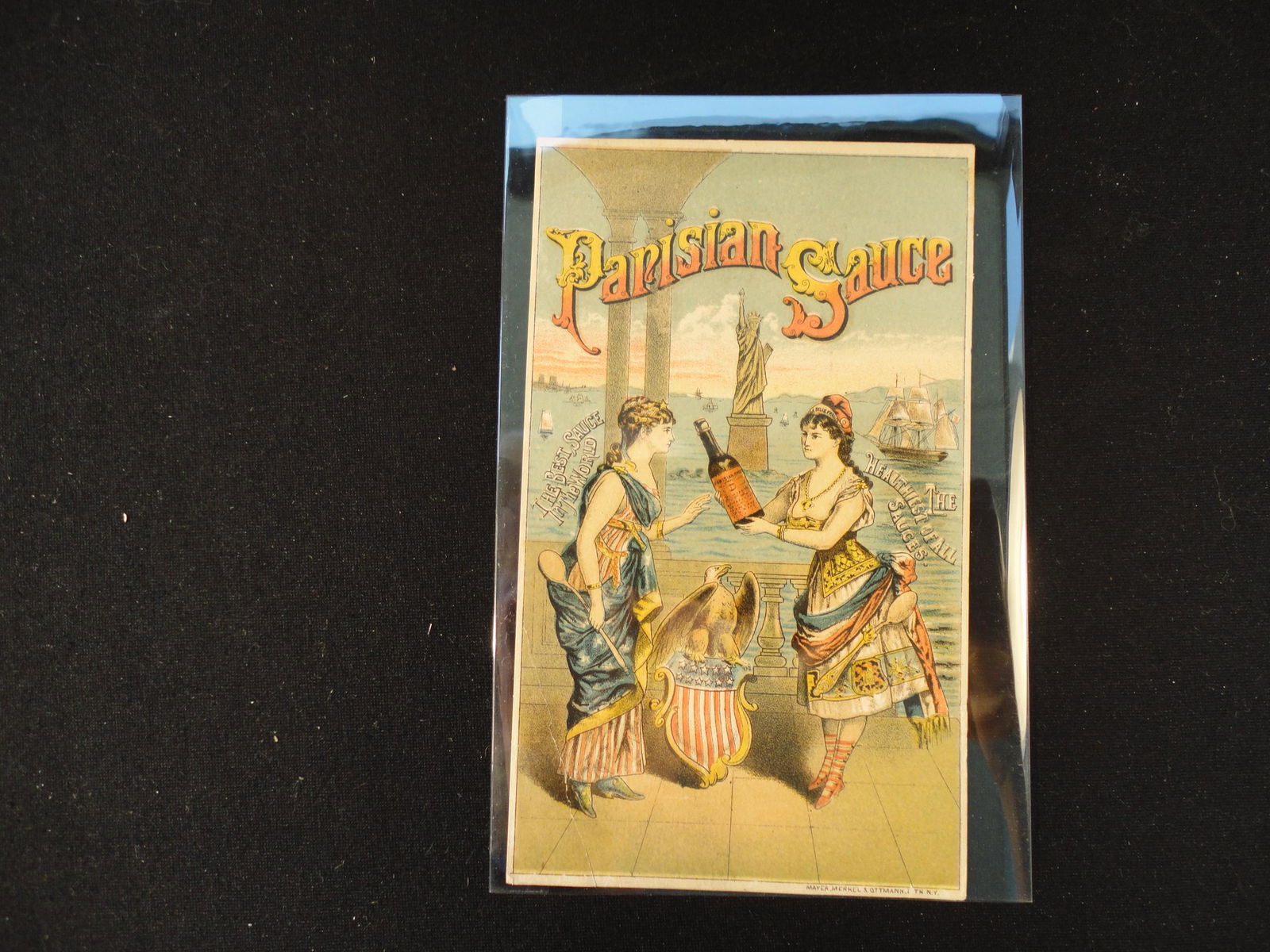 Antique Victorian Trade Card Parisian Sauce - Statue Liberty US Flag Woman - L. d'Oliverie A Co NY (1 of 2)