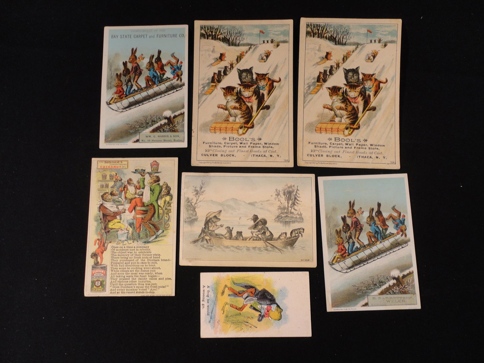 Lot of 7 Anthropomorphic Victorian Trade Cards - Rabbits, Frogs, Cats, Monkees - Various Companies: Lot of 7 Anthropomorphic Victorian Trade Cards - Rabbits, Frogs, Cats, Monkees - Various Companies. These Anthropomorphic Victorian Trade Cards are in Very Good or better conditions as pictured. You g