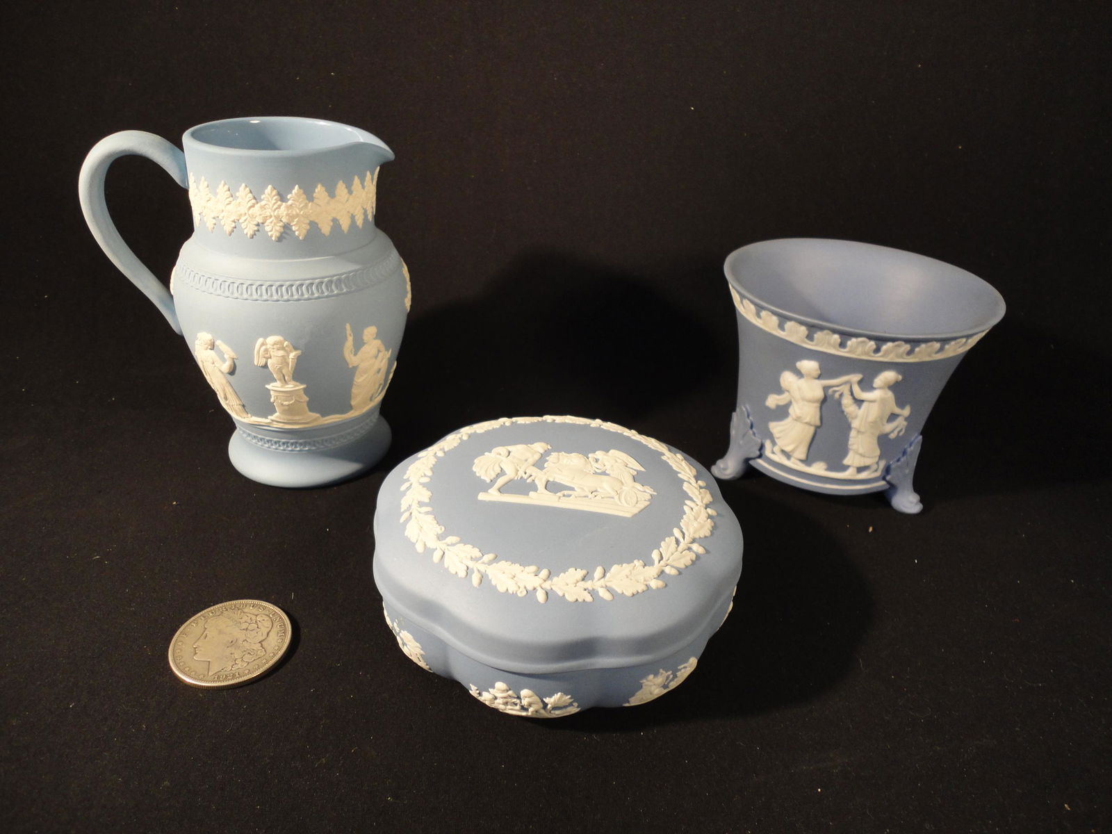 Lot of 3 Vintage Wedgwood Blue Jasperware Pieces - Jug, Vase and Scalloped Candy Box. (1 of 11)