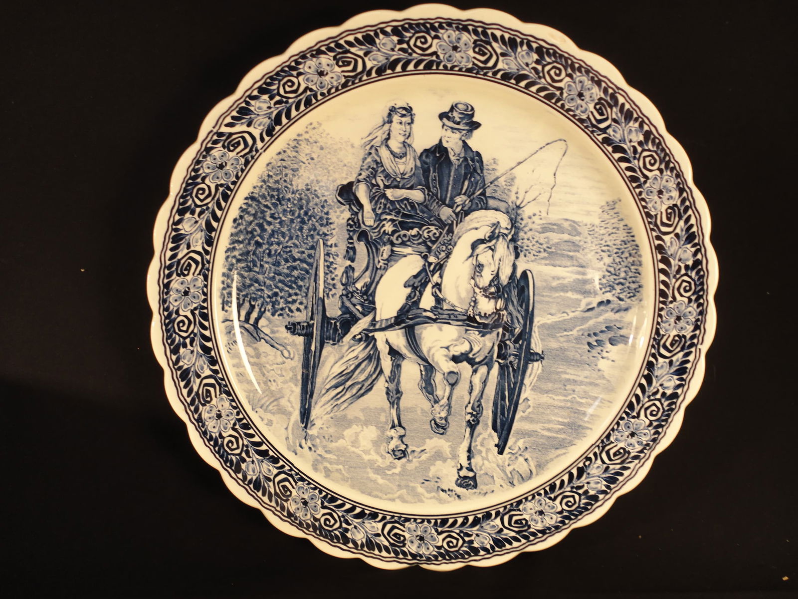 Large  Vintage Delft Wall Charger Plate - Horse & Carriage - 16 Inches (1 of 5)