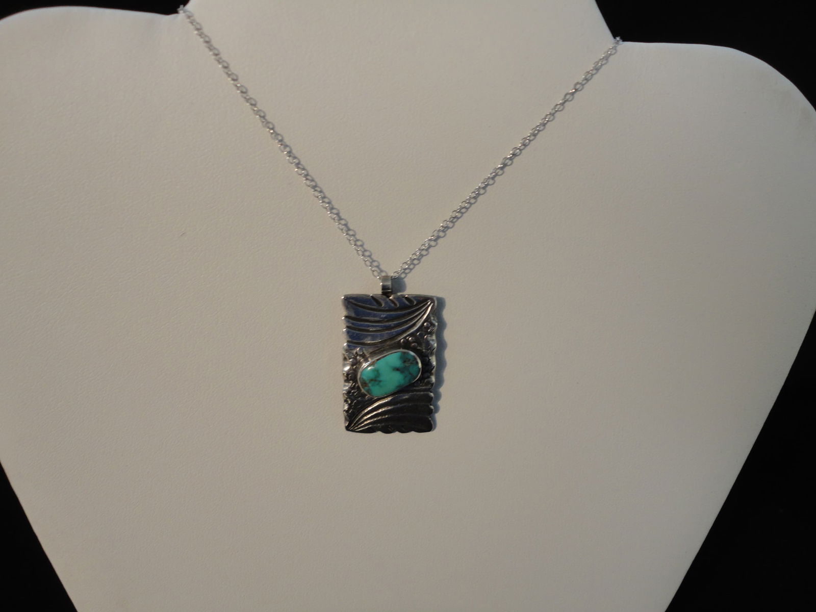 Vintage Navajo Turquoise Sterling Silver Rectangular Pendant and Chain (1 of 5)