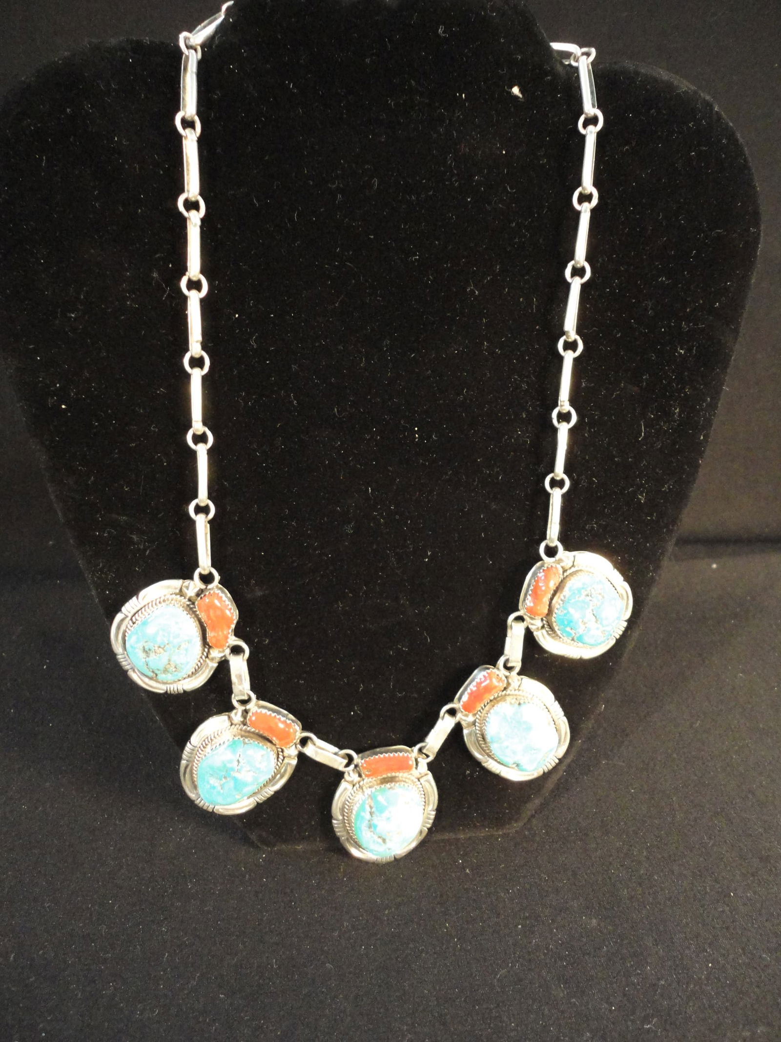 Vintage Navajo Val Tsosie Signed Turquoise and  Coral Sterling Silver Necklace (1 of 4)