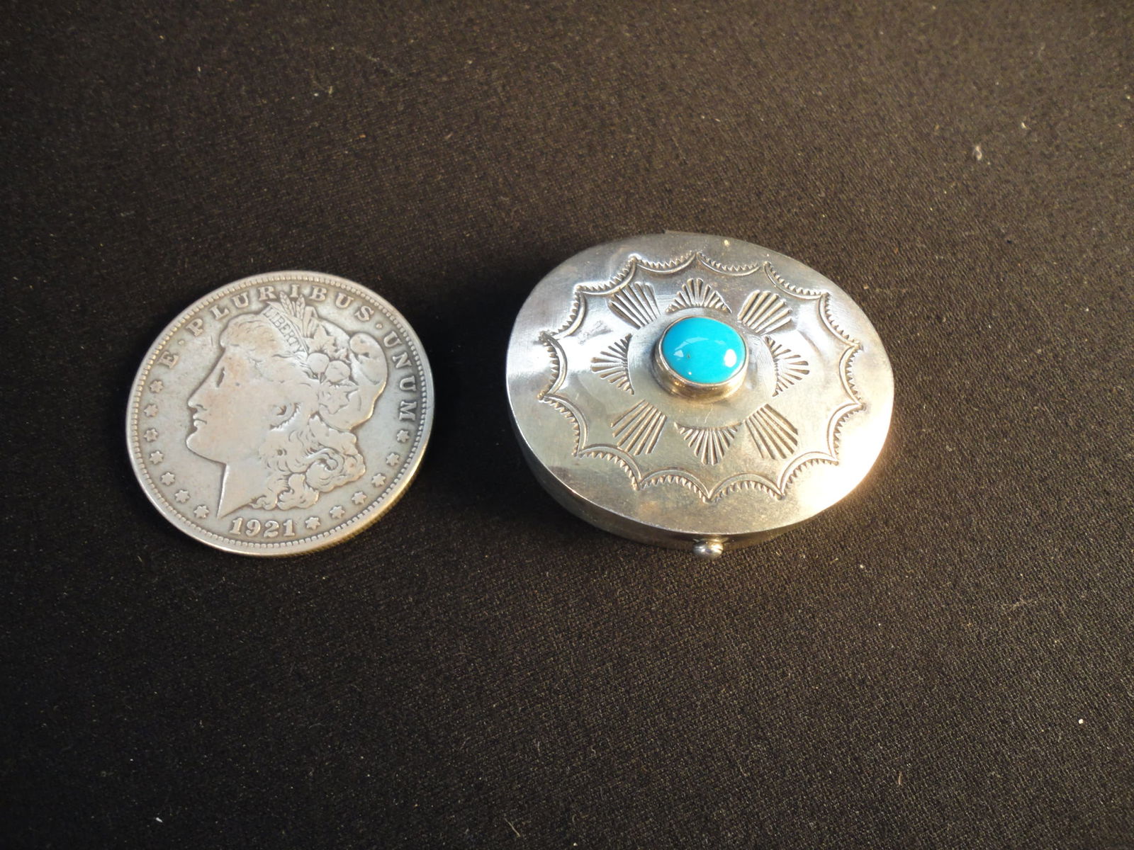 Vintage Navajo Paul J. Begay Signed Sterling Silver and Turquoise Oval Pill Box. (1 of 4)