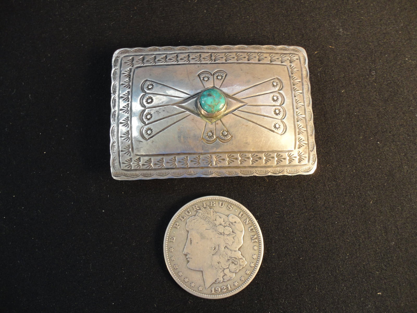 Vintage Navajo D.M.S. Sterling Silver and Turquoise Belt Buckle.: Vintage Navajo D.M.S. Sterling Silver and Turquoise Belt Buckle. This Navajo Belt Buckle is in Very Good Condition as pictured. It is signed by Navajo Artist "D.M.S." . This belt buckle measures appro