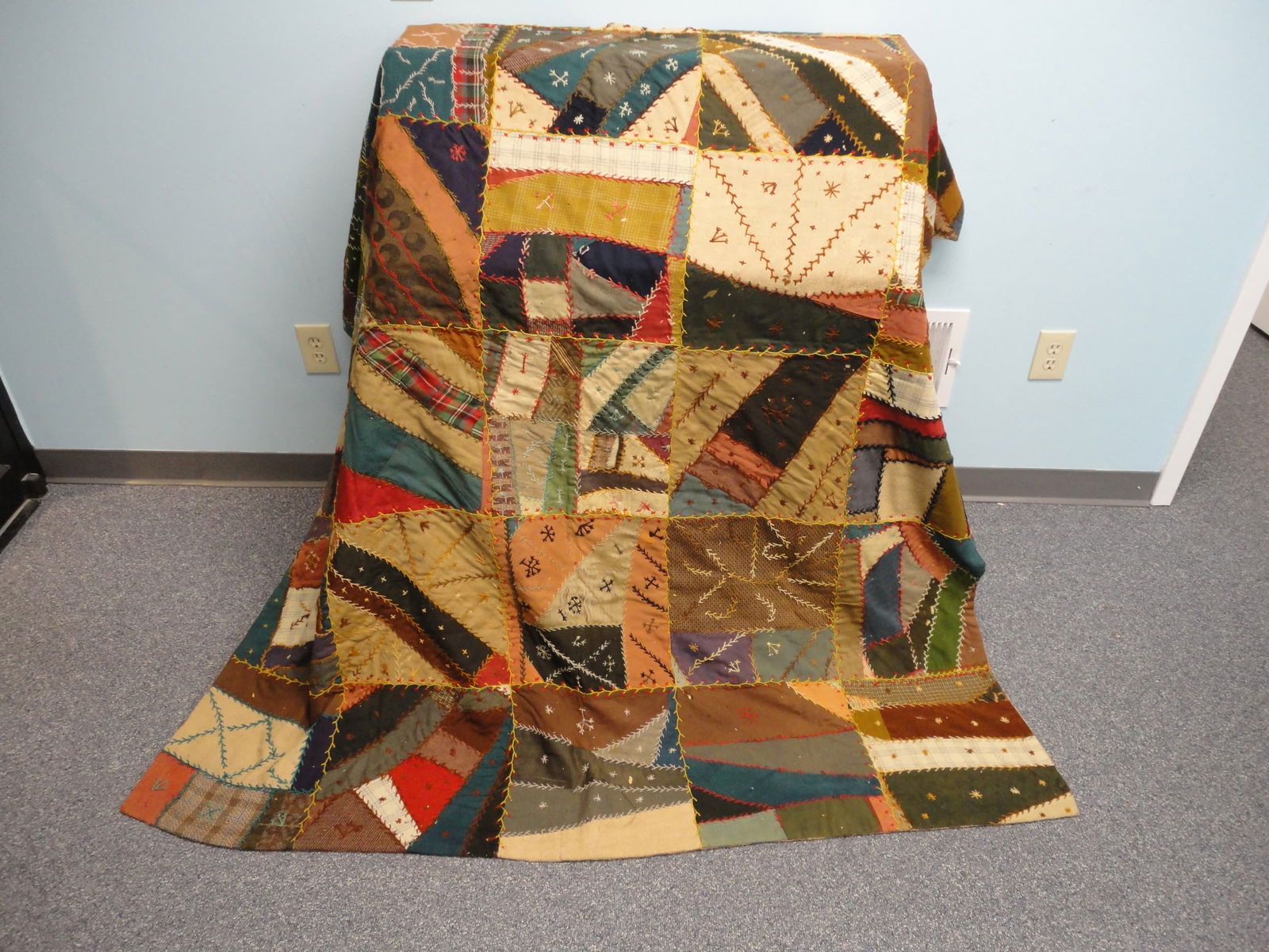 Antique Victorian Era Hand Stitched Crazy Quilt - 77 x 66. (1 of 4)