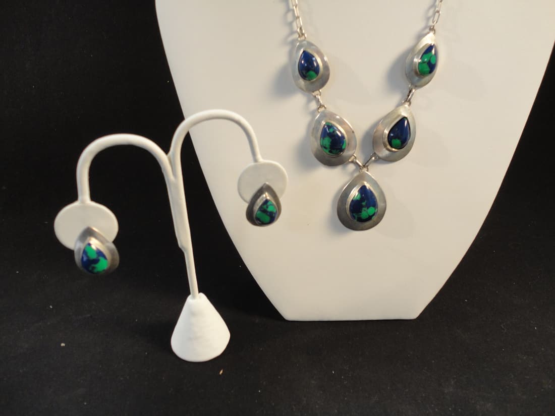 Vintage Rex Abeita Navajo Blue Green Azurite in Sterling Silver Necklace & Earrings (1 of 5)