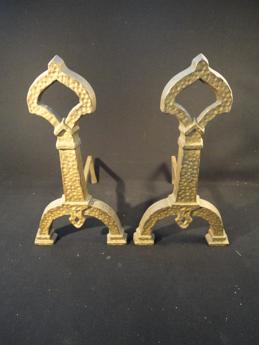 Vintage Keyhole Cast Iron Dimpled Deco Fireplace Andirons - Firedogs (1 of 4)