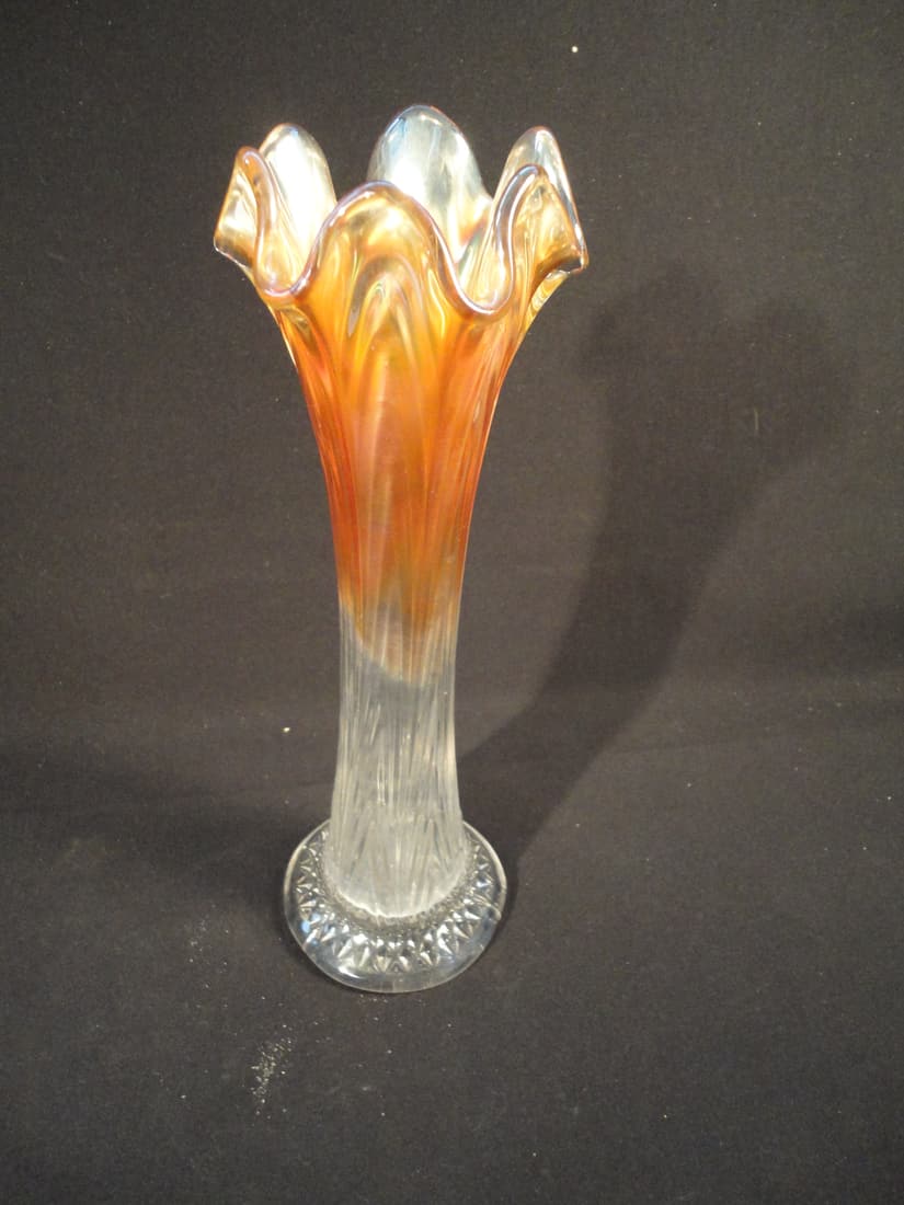 Fenton Marigold Boggy Bayou Carnival Glass Swung Vase -10 3/4" tall.: Fenton Marigold Boggy Bayou Carnival Glass Swung Vase -10 3/4" tall. This vase is in Excellent condition with no chips or cracks. It measures 10 3/4" tall. See pictures for complete condition and desc