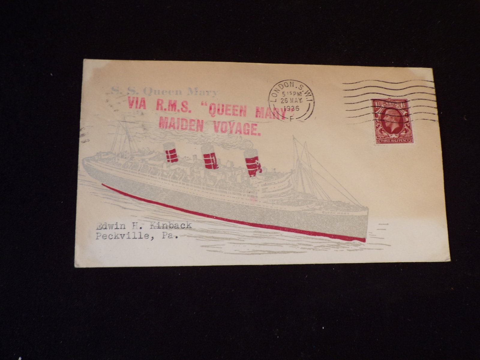 1936 RMS Queen Mary Maiden Voyage, American Express white cover Envelope. (1 of 2)