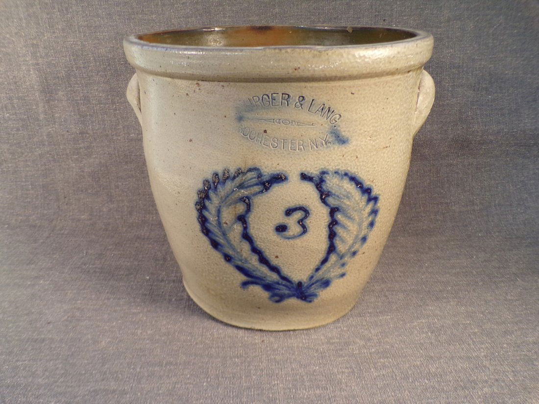 Antique Burger & Lang Rochester, NY - 3 Gallon Blue Cobalt Laurel Leaf Salt Glaze Stoneware Crock (1 of 4)