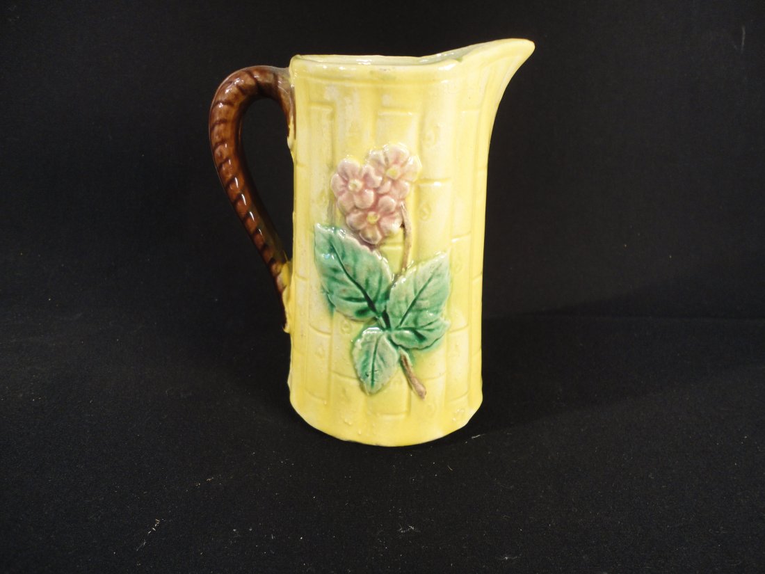 Antique Yellow Majolica Pottery Pitcher with Sunflower Design (1 of 4)