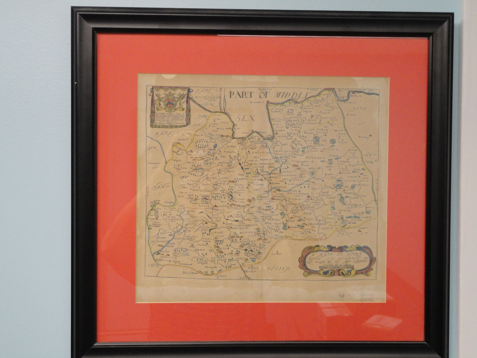 RARE - 1673 1st ISSUE Antique Map 'A MAPP OF SURREY WITH ITS HUNDREDS' by Richard Blome. (1 of 9)