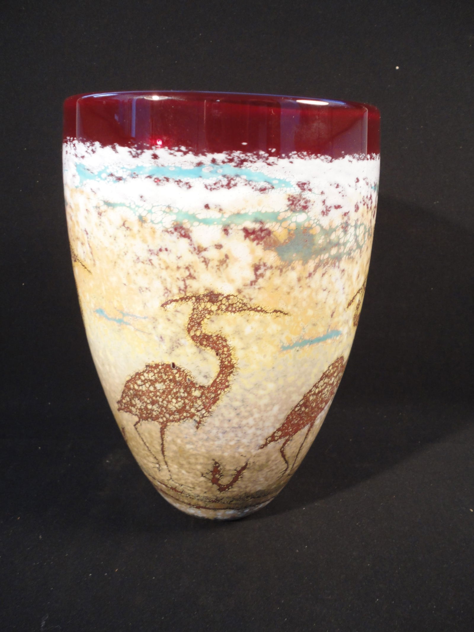 Vintage Paul Bendzunas Signed Studio Art Glass Vase Crane Heron. (1 of 5)