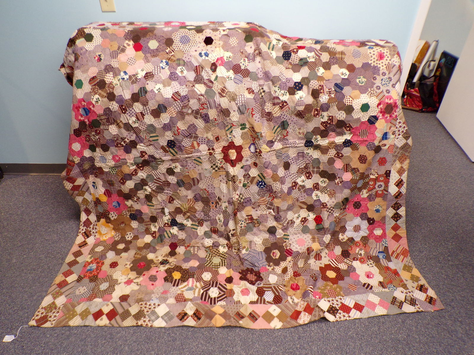 Antique 1865 Victorian Era Honeycomb Hexagon Patchwork Quilt - Signed and Dated 1865. (1 of 3)