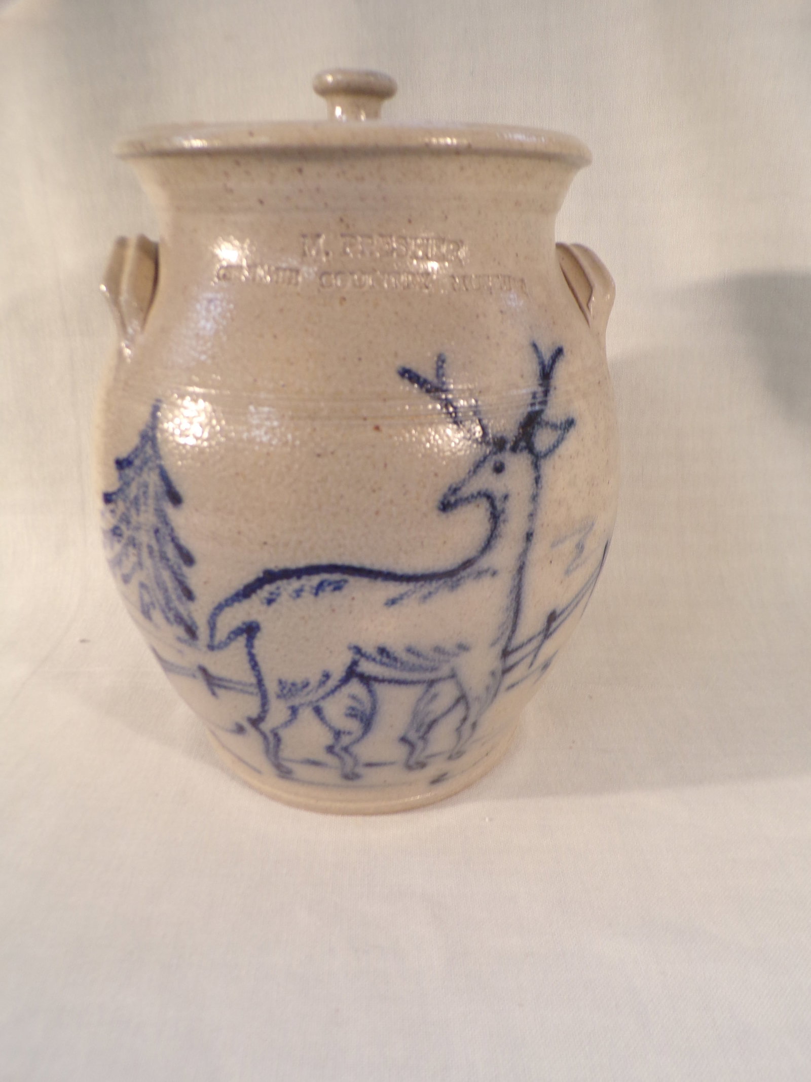 Vintage Salt Glaze Deer Stoneware Covered Crock M Presher Genesee Country Museum Mumford NY: Vintage Salt Glaze Deer Stoneware Covered Crock M Presher Genesee Country Museum Mumford NY. This Stoneware Covered Crock is in Excellent Condition with no chips or cracks. It measures 10" tall. It wa