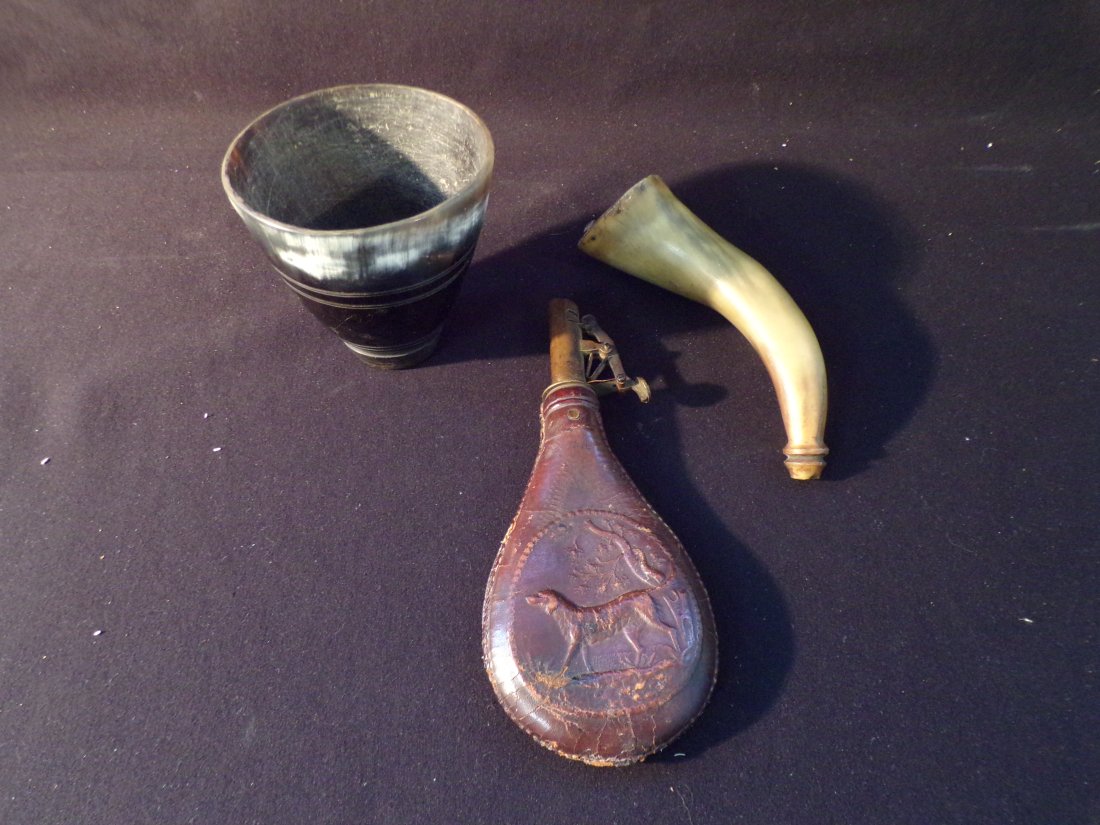 Lot of 3 Civil War - American Cap & Flask Co. Shot Pouch, Powder Horn and Horn Cup. (1 of 9)