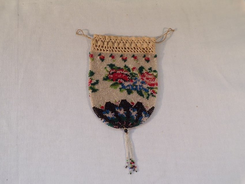 Antique Floral Decoration Beaded Purse with Crochet Drawstring Top (1 of 3)