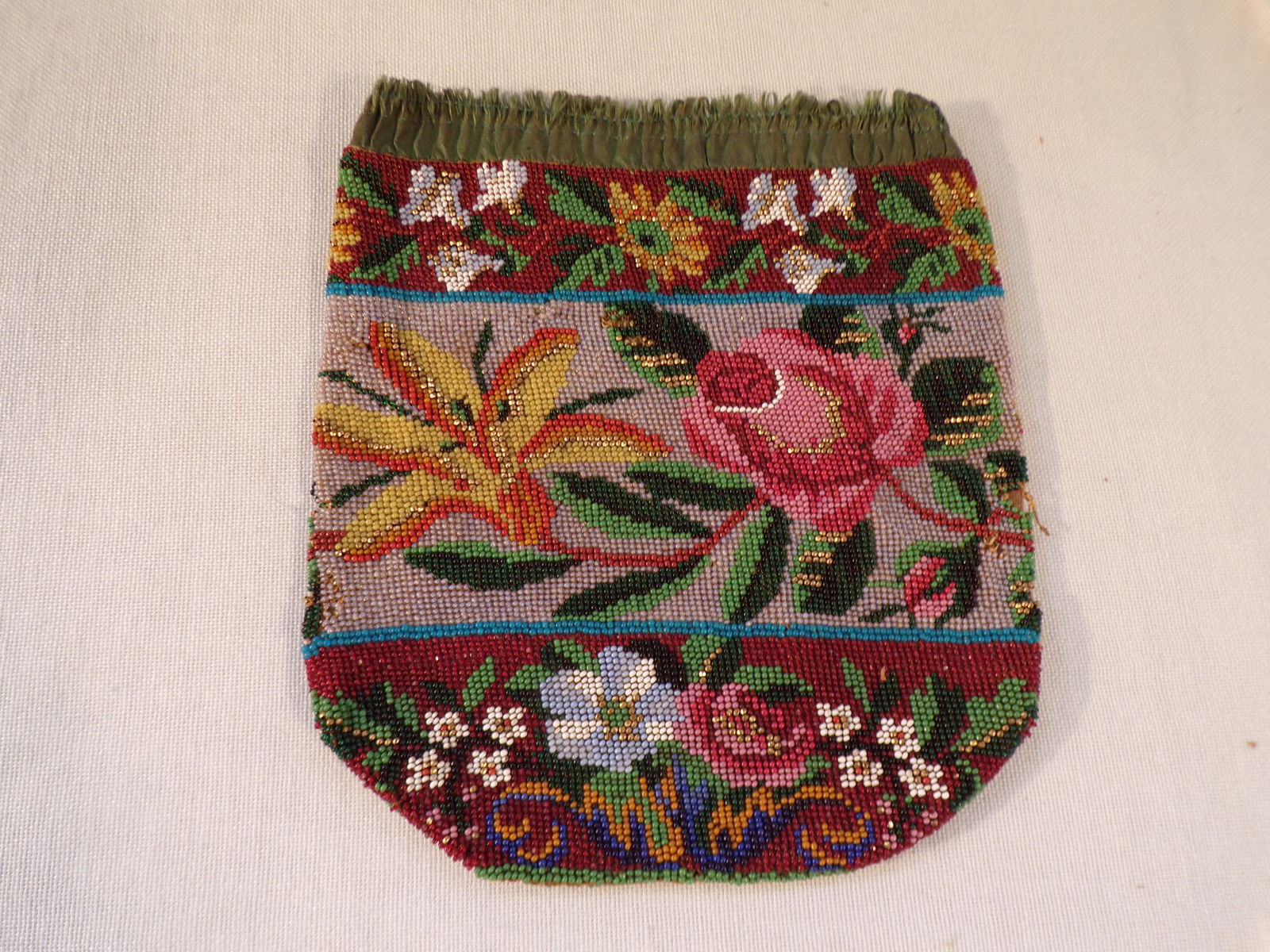 Antique Floral Decoration Beaded Purse with Green Silk Top Edge. (1 of 2)