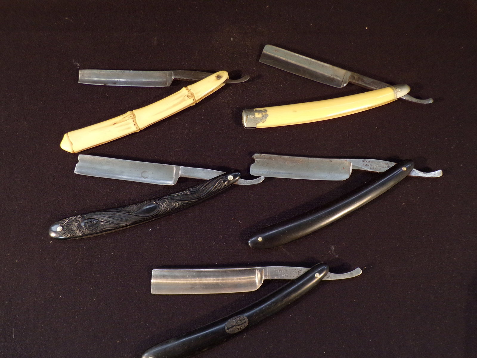 Lot of 5 Antique Straight Razors- Boker, Morley, Engels & more: Lot of 5 Antique Straight Razors. These straight razors are all in good or much better conditions as pictures. You get (1) Jul. Uellendahl, Wald-Solingen, Germany with Bamboo Scales, (1) J.W. Engels, 