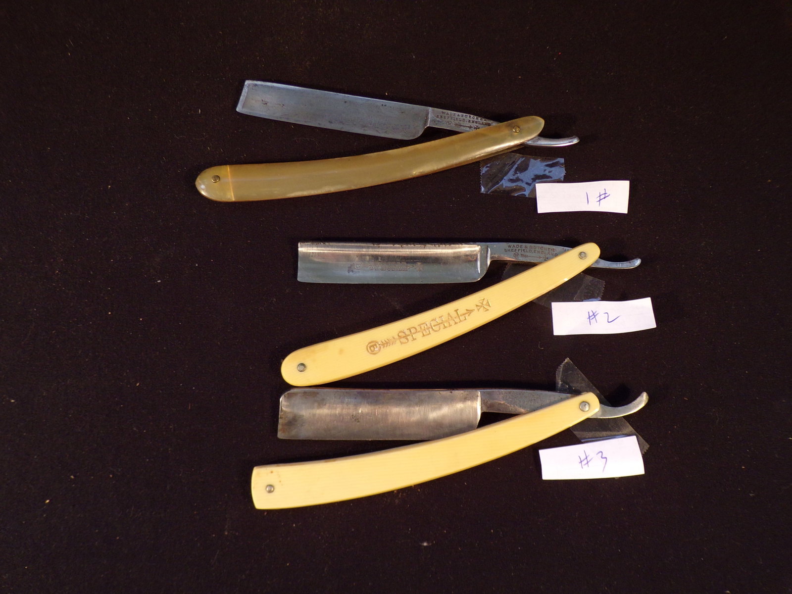 Antique Lot of 3 Wade & Butcher Straight Razors.: Antique Lot of 3 Wade & Butcher Straight Razors. These Wade & Butcher Razors are all in good or better condition as pictured. You get (1) Wade & Butcher with"You Lather Well, I'll Shave Well" etched o
