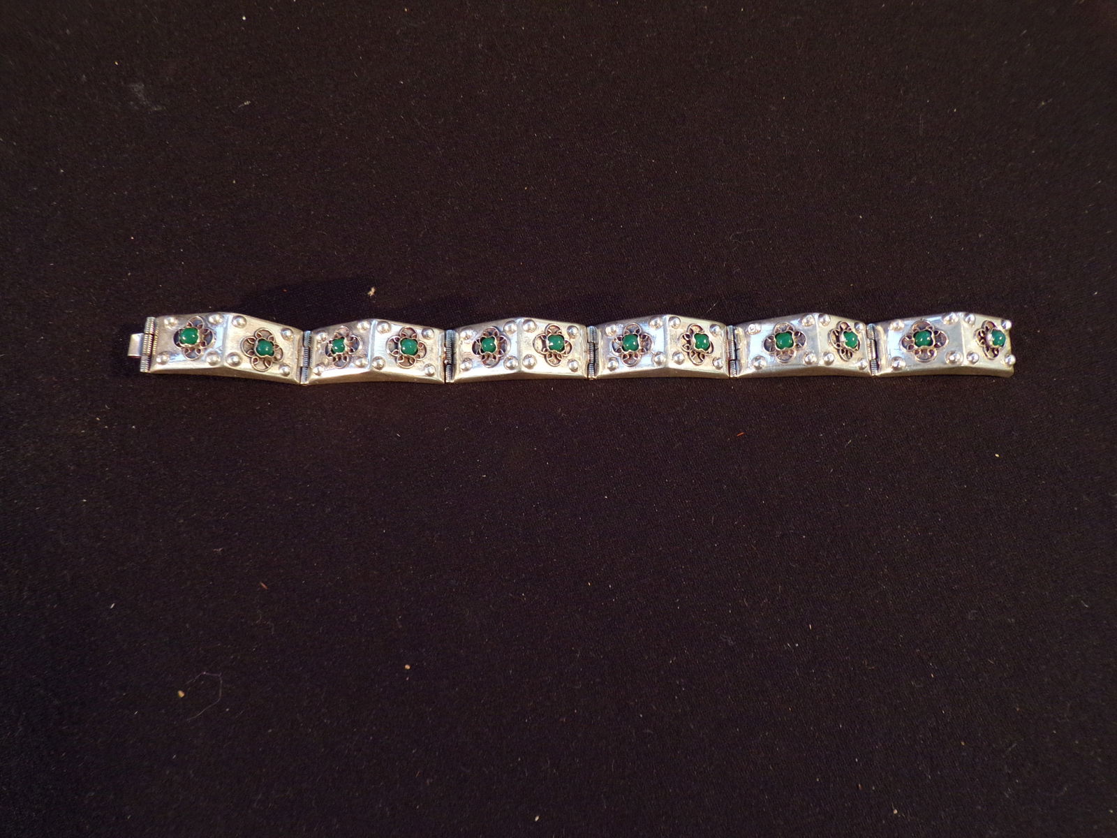 Vintage Turquoise on Sterling Silver Panel Bracelet - 1950's Mexico. (1 of 4)