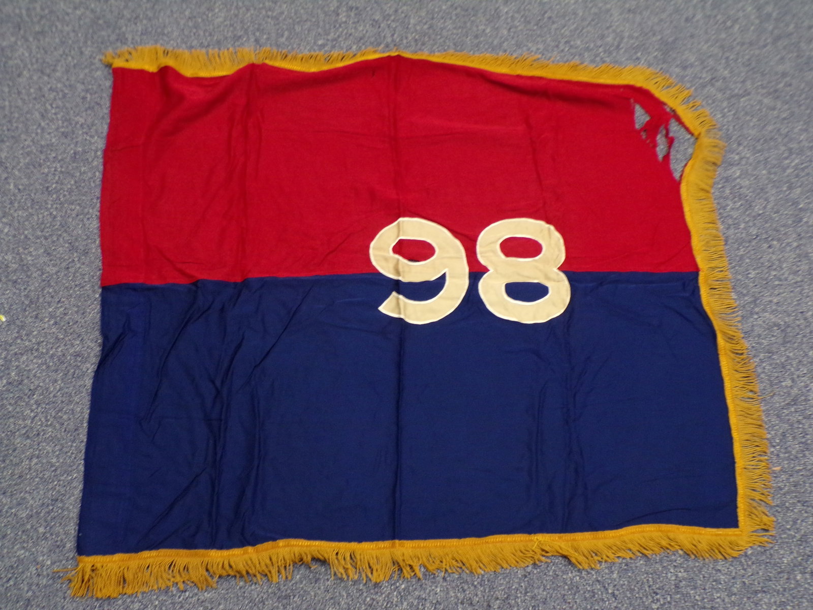 Original WW2 98th Infantry Regiment Flag - Philadelphia Quartermaster.: Original WW2 98th Infantry Regiment Flag - Philadelphia Quartermaster. This Flag is in Good condition as pictured. It does show some damage from being flown as shown. Manufactured by the Philadelphia 