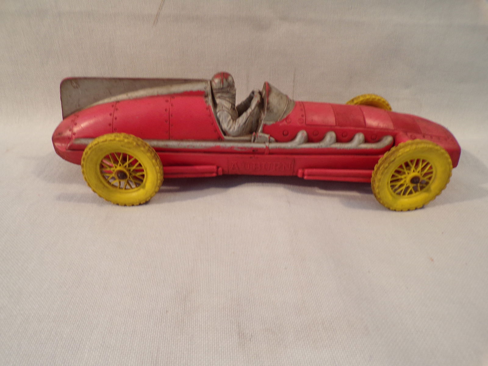 Vintage Auburn Rubber Race Car Toy No 566 Red With Yellow Wheels 10 1/2" Long. (1 of 3)