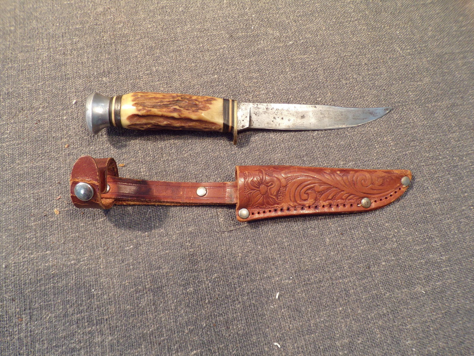 Vintage Ideal Products Solingen Germany Hunting Knife & Leather Sheath - Stag Handle (1 of 5)
