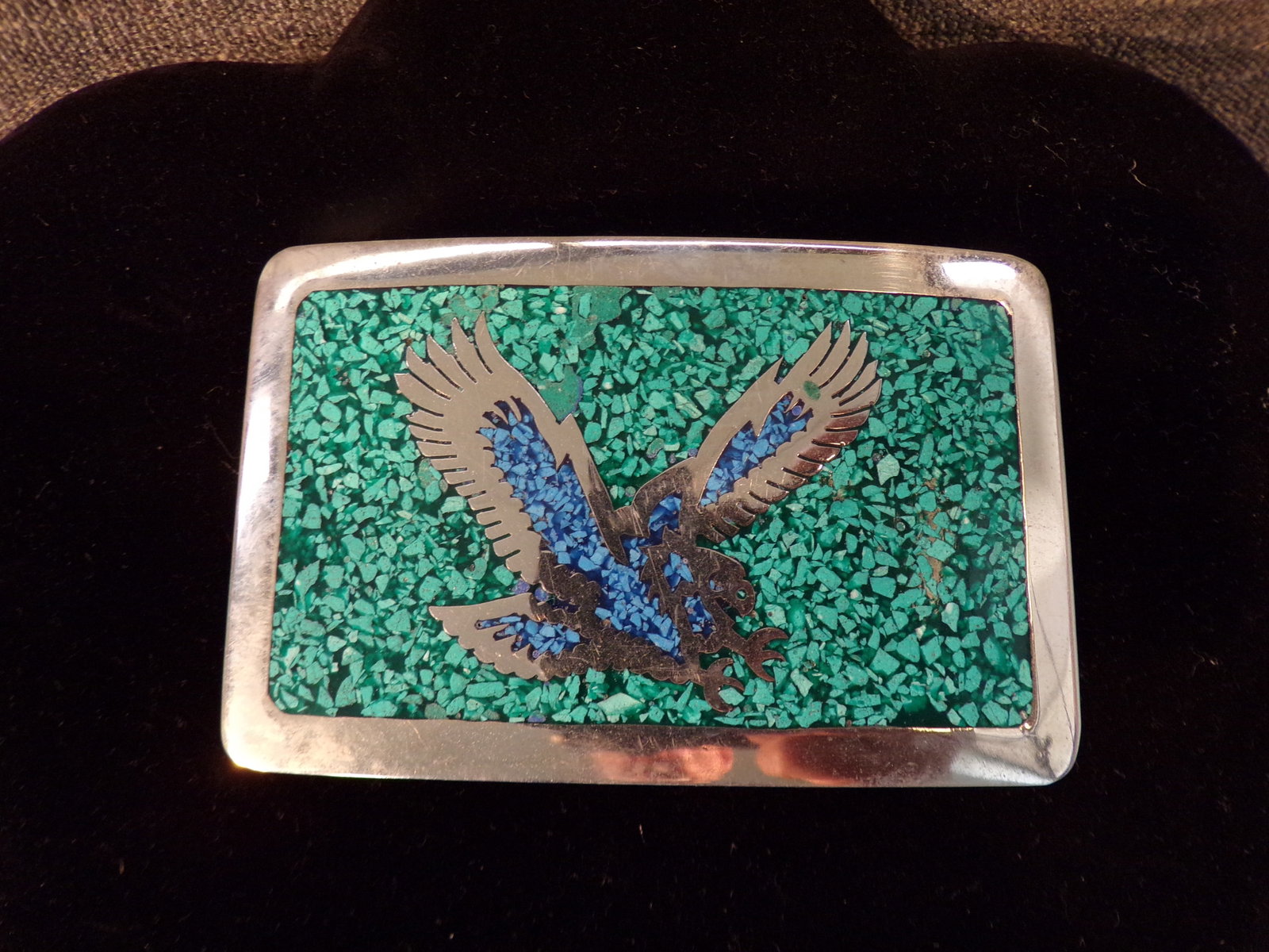 Vintage Sterling and Turquoise Belt Buckle with Eagle: Vintage Sterling and Turquoise Belt Buckle with Eagle. This Sterling Belt Buckle is in Very Good or better condition as pictured. It measures 3 1/2" wide and 2 1/4" tall. it weighs 74.1 Grams. Great E