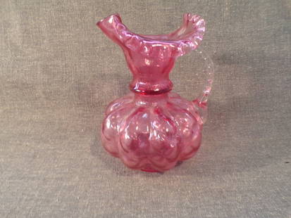 Antique Fenton Cranberry Diamond Optic Melon Ruffled Rim Large Water Pitcher: Antique Fenton Cranberry Diamond Optic Melon Ruffled Rim Large Water Pitcher. This Fenton Pitcher is in Excellent Condition with no chips or cracks. It measures 8" tall and 6" in diameter.