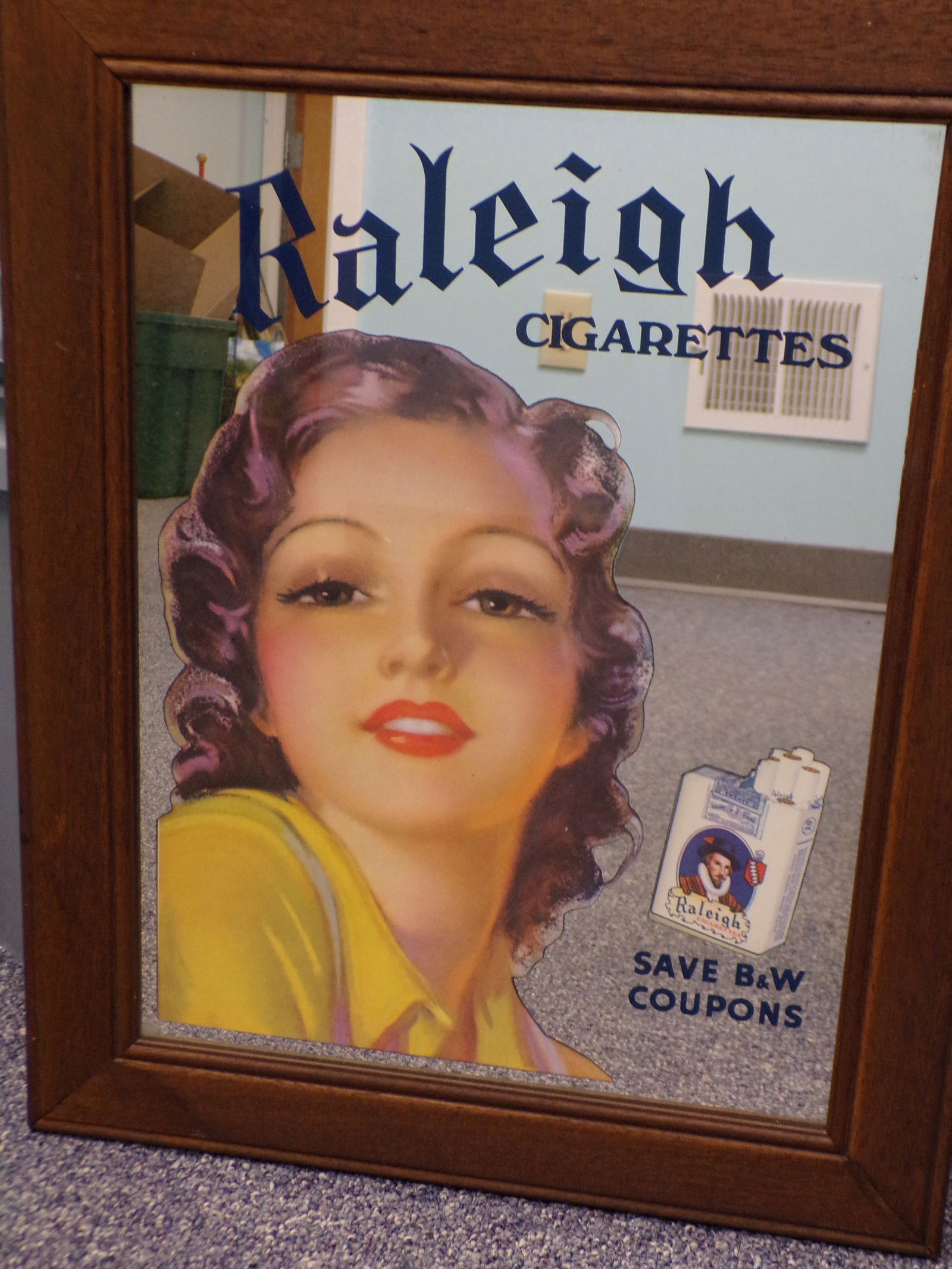 Rare Vintage Raleigh Cigarettes Advertising Mirror Glass Sign - Authentic. (1 of 2)