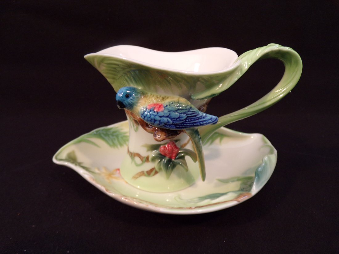 Vintage Franz Porcelain: "Amazon Rain Forrest" Parrot Design Sculptured Porcelain Cup/Saucer Set (1 of 2)