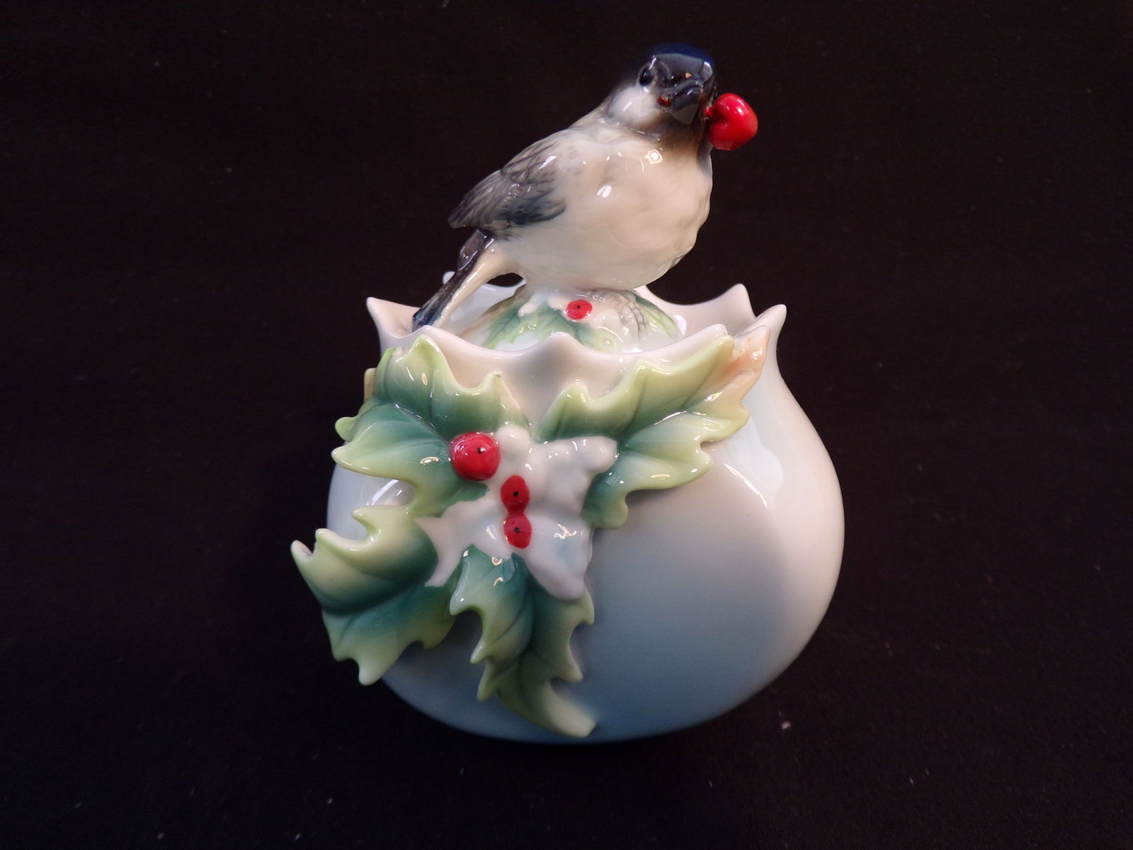 Vintage Franz Porcelain:  "Holiday Beginnings" Chickadee Design Sculptured Porcelain Sugar Jar With (1 of 2)