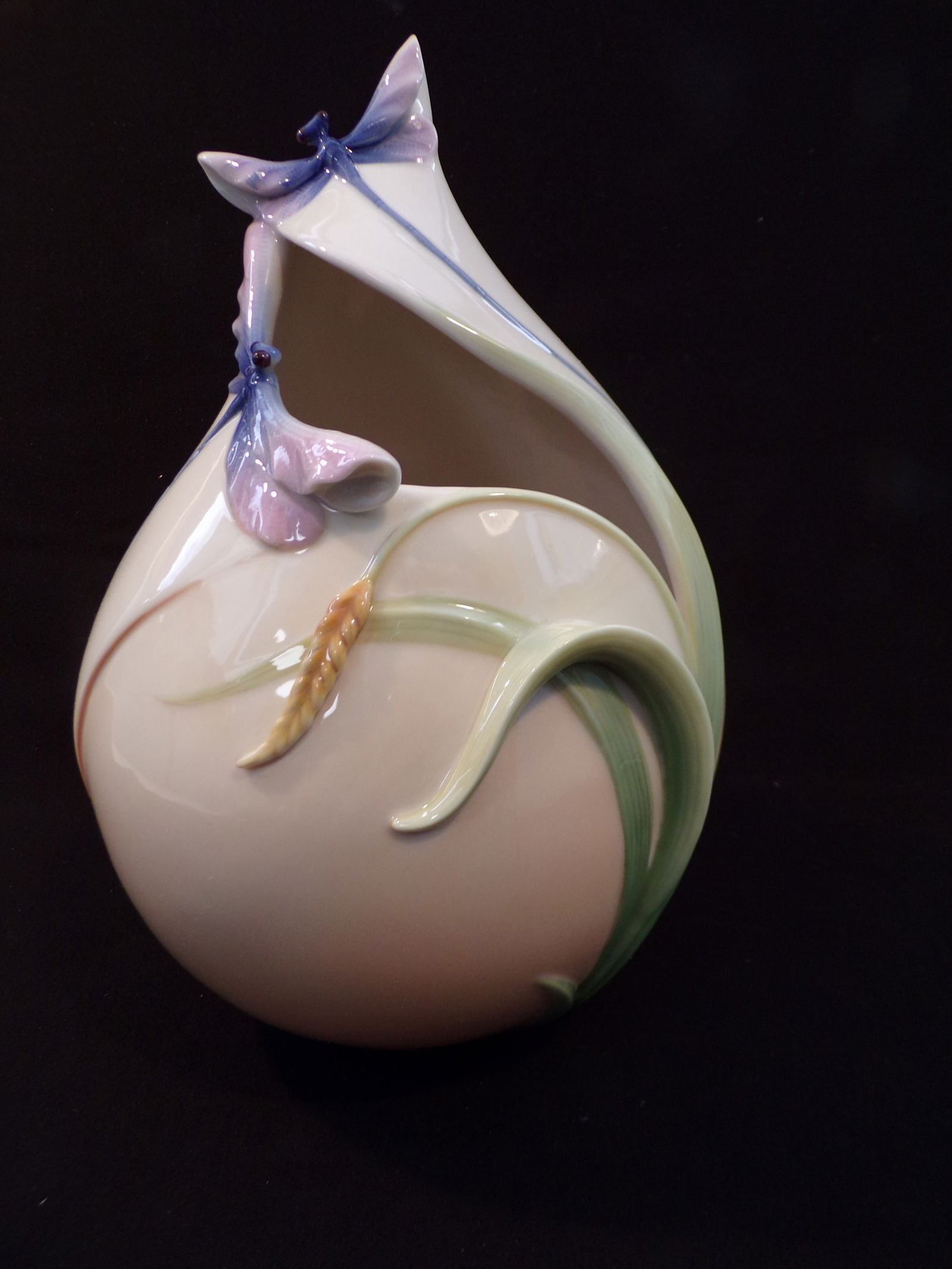 Vintage Franz Porcelain:  Dragonfly Design Sculptured Porcelain Vase (1 of 2)