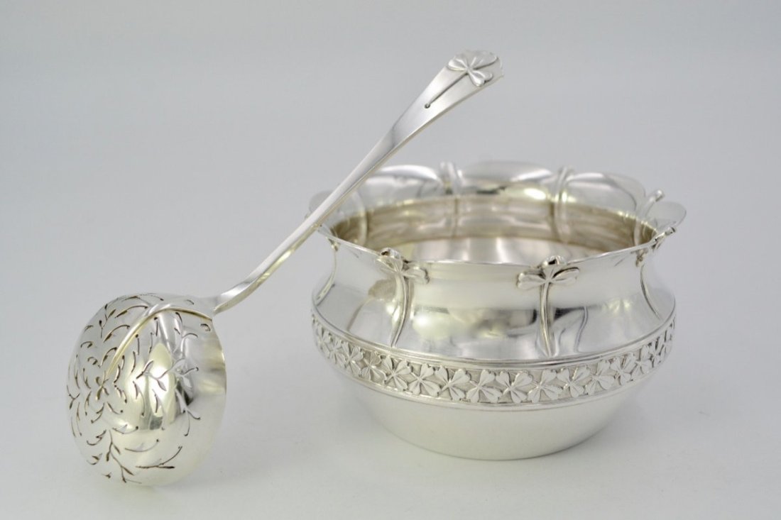 Antique Art Nouveau Sugar Bowl & Spoon, 950 Silver Late Nineteenth Century Alphonse Debain,: Silver sugar bowl and spoon. The sugar bowl is circular with a flat bottom. The body, decorated with a large frieze of clovers, flares upwards and forms a tight, pinched neck whose turbulent edge is a