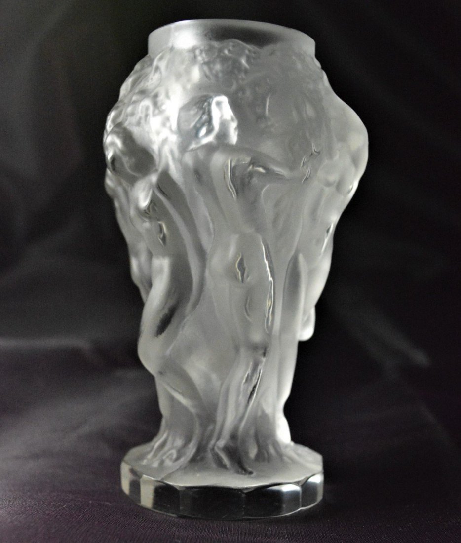 Antique France A. Heinrich Hoffmann (1875-1938) molded glass crystal Vase: ""Ingrid" Vase With Bacchantes - Att. To Heinrich Hoffmann (1875-1938)."Vase with a high relief decoration of "bacchantes" in molded glass, cut, chiseled, satin-finish, patinated and polished. This va