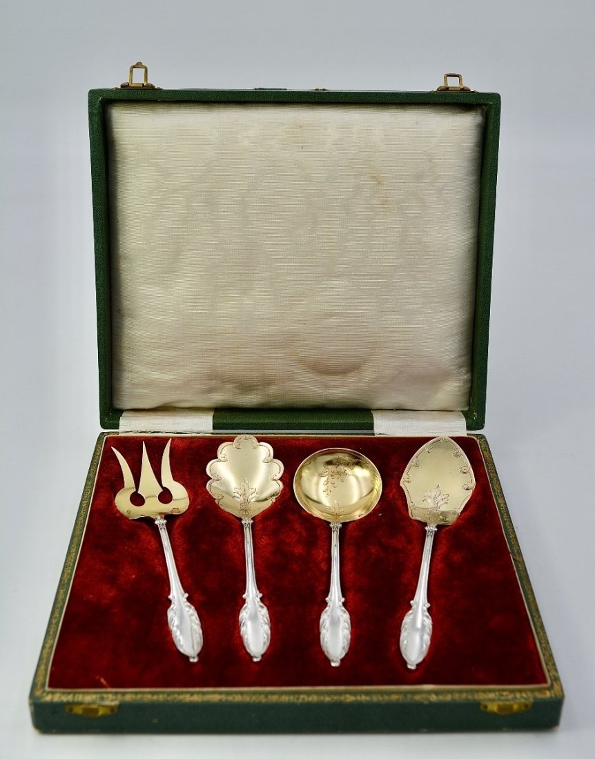 Antique 19th France 950 Silver Sweets Service By Debain Alphonse-Debain Alphonse: Silver and gilt silver four-piece sweet service, handle chiseled with acanthus leaves. Louis XV style950/1000 silver, hallmarks MinervaMaster Goldsmith: Debain Alphonse, circa 1900 ParisLength: 14.5 c