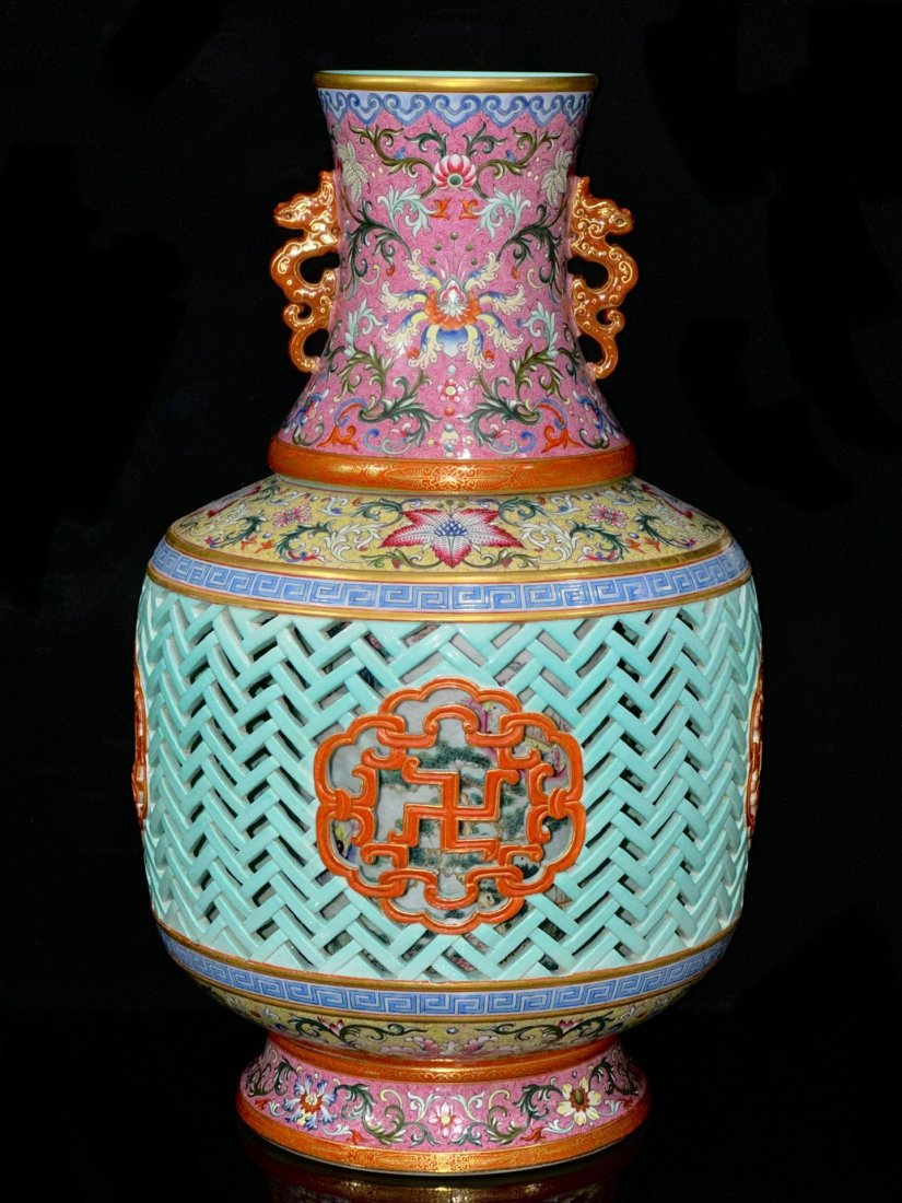 Qing Qianlong Phoenix painted gold hollowed out engraving inner hundred sons racing dragon vase (1 of 9)