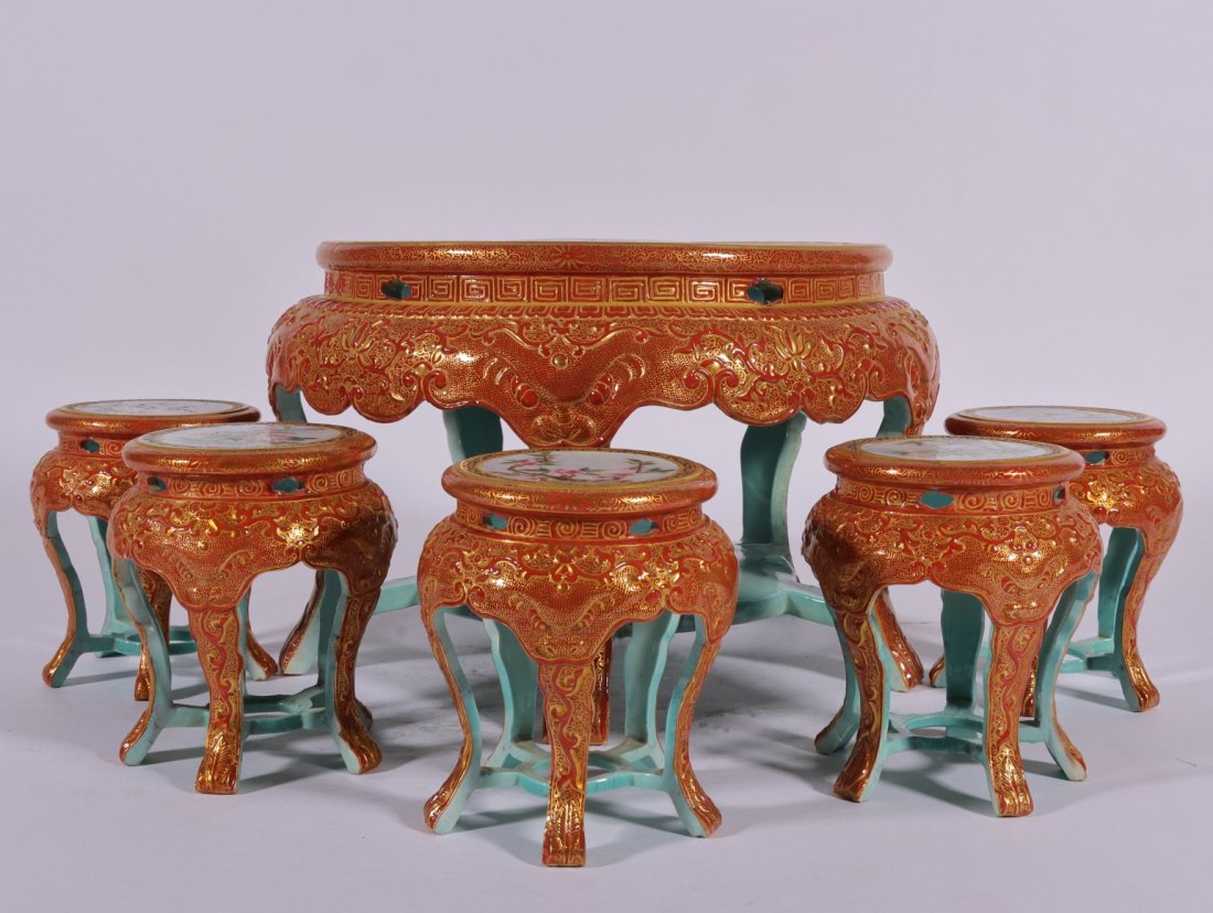 set tea tables Stool gold window openings Qianlong period Qing Dynasty: Size: The table is 15cm high and 23cm in diameter. Stool height 9.5cm, diameter 8cm