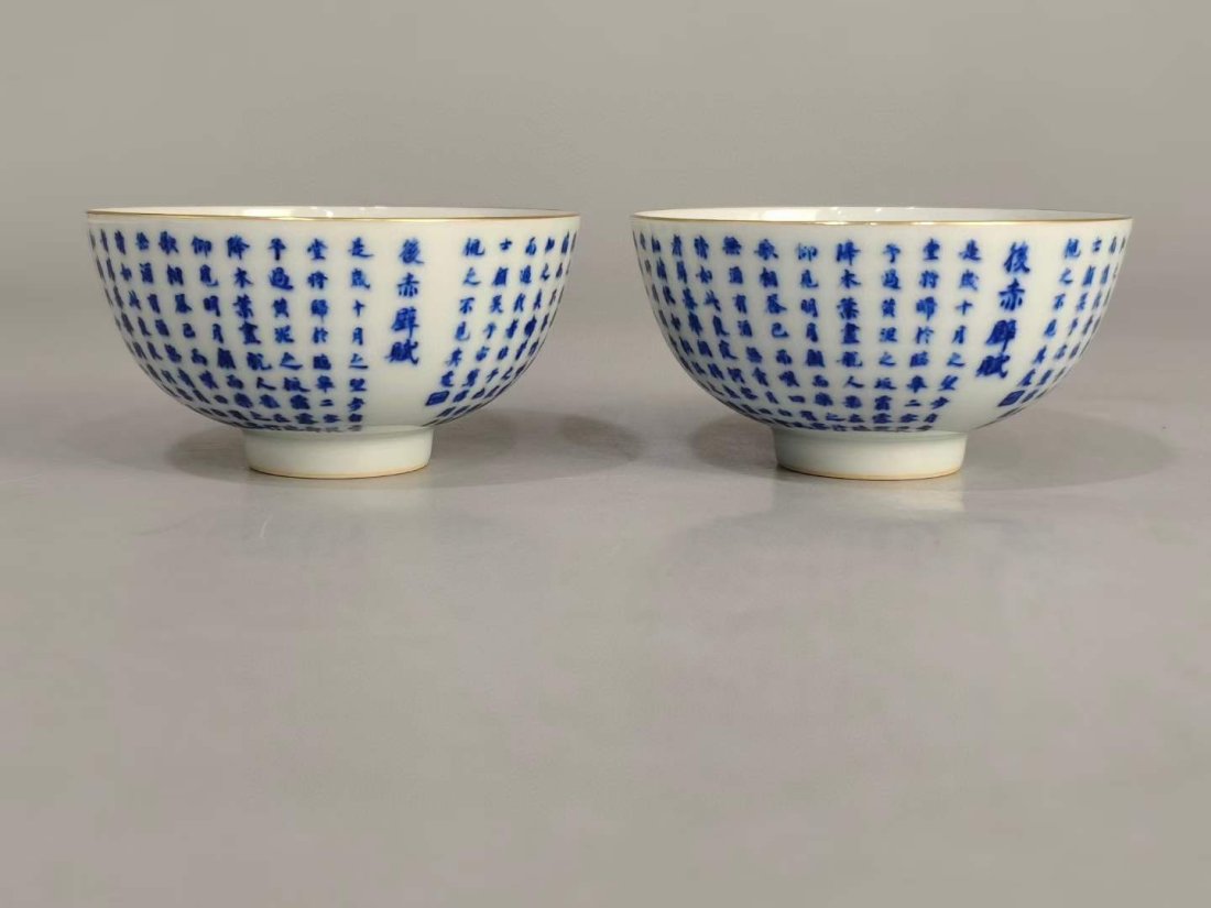 Qing Kangxi mark blue and white red wall inscribed poems lying on the foot pair bowls (1 of 9)