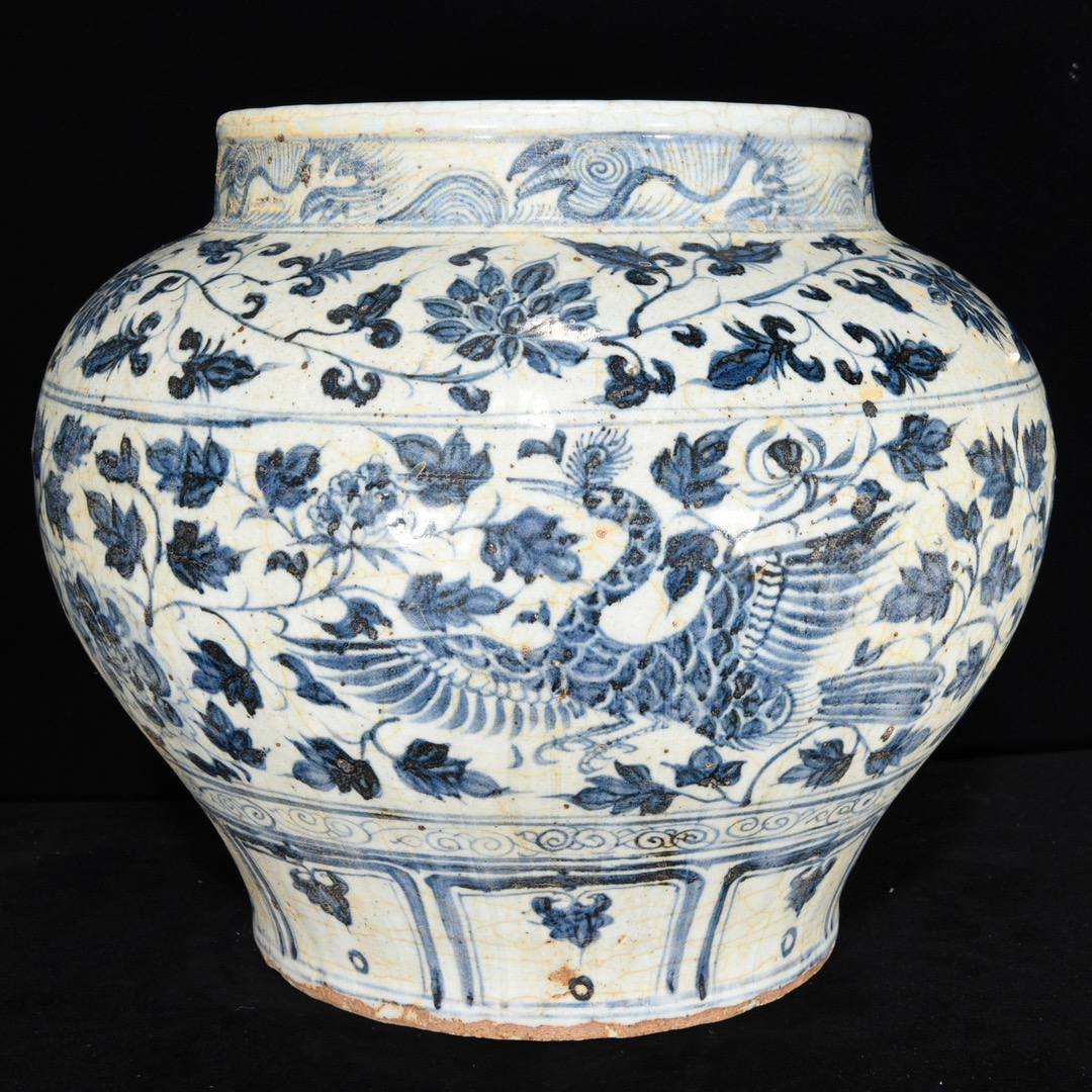 Yuan blue and white pot with flower, bird and crane pattern: 29Ã—34 cm