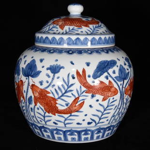 Ming Dynasty Chenghua blue and white alum jar with red fish and algae pattern: 24.5×23 cm