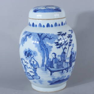 Ming Chongzhen! Blue and white lotus seed jar with character and story patterns: height 32 cm, mouth 13.5 cm, bottom 13.5 cm