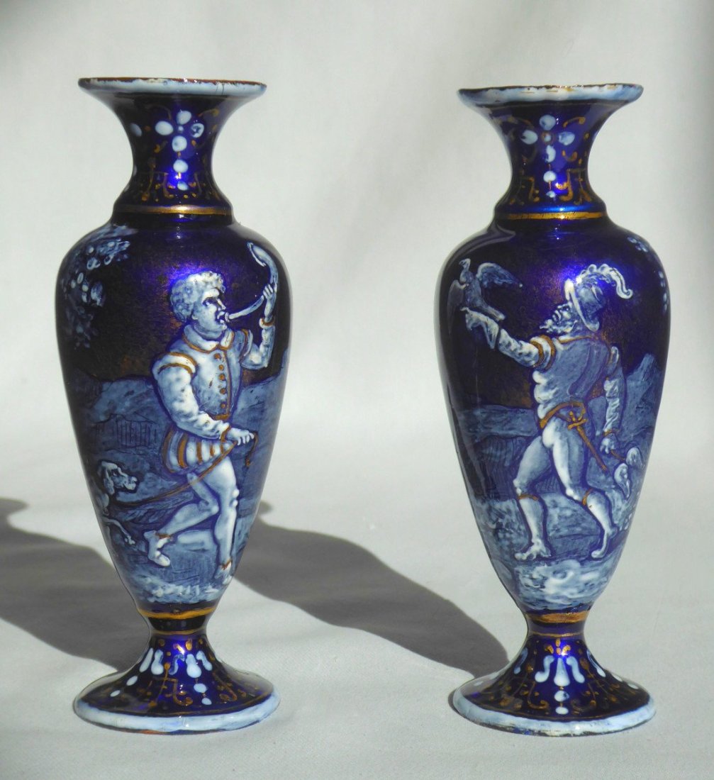 Pair Of Limoges Enamel Vases Hunting Scene Renaissance Style Nineteenth; Venerie, Enamelled (1 of 8)