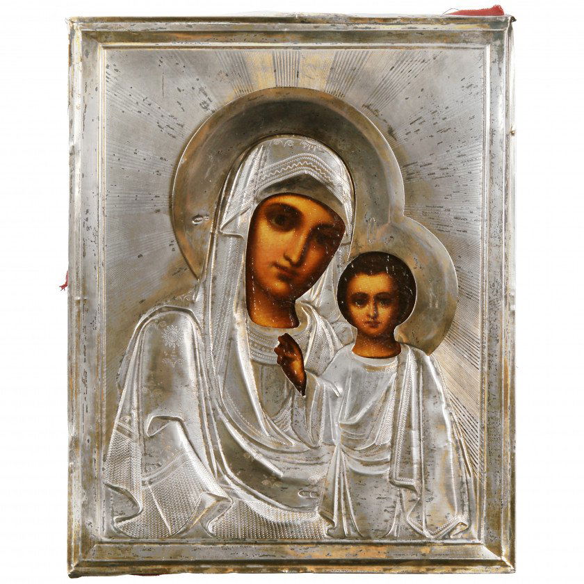Icon "The Virgin of Kazan": Artist/Maker: Grachev Nikolay Yegorovich Place of Production: Russia (Russian Empire), MoscowDate of Production: 1908 - 1917Materials: gesso, gilding, silver 84* (875*), tempera, woodWidth: 17.9 cm.He