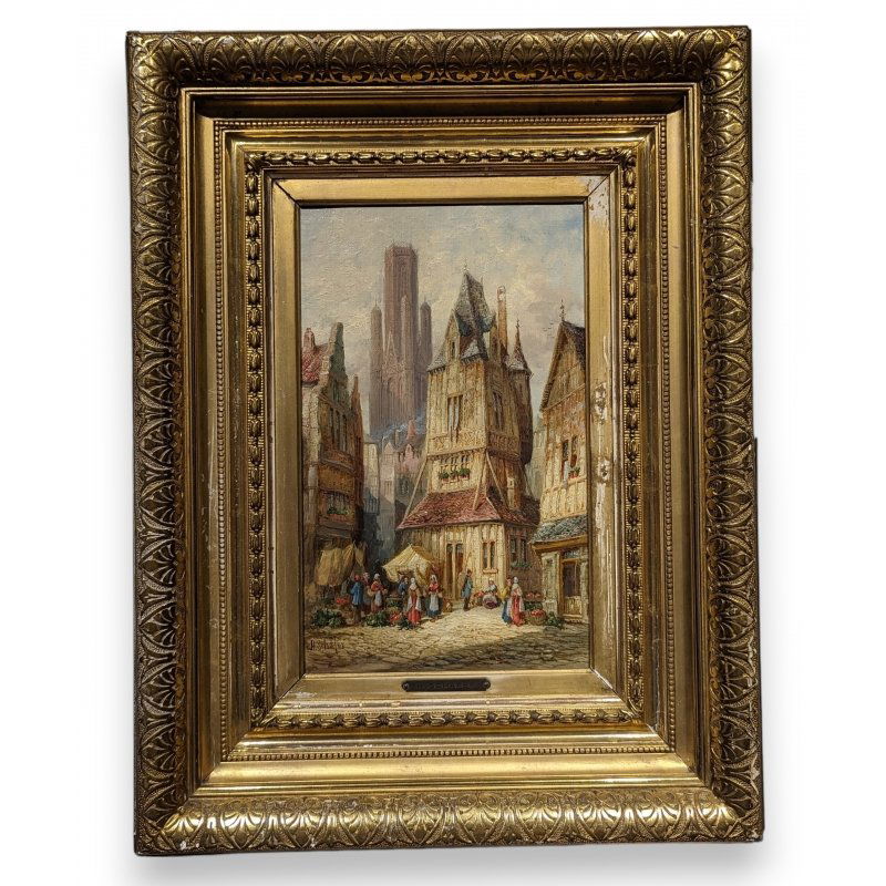 Painting "Rouen" signed SCHAFER: Oil on canvas "Rouen Market" signed SCHAEFER (Henry Thomas 1815-1873),Origin: FrancePeriod: 19th centuryMaterials: Oil on canvasDimensions: Ht 30.5 x 20.5Frame dimensions: Ht 52 x 40 cm