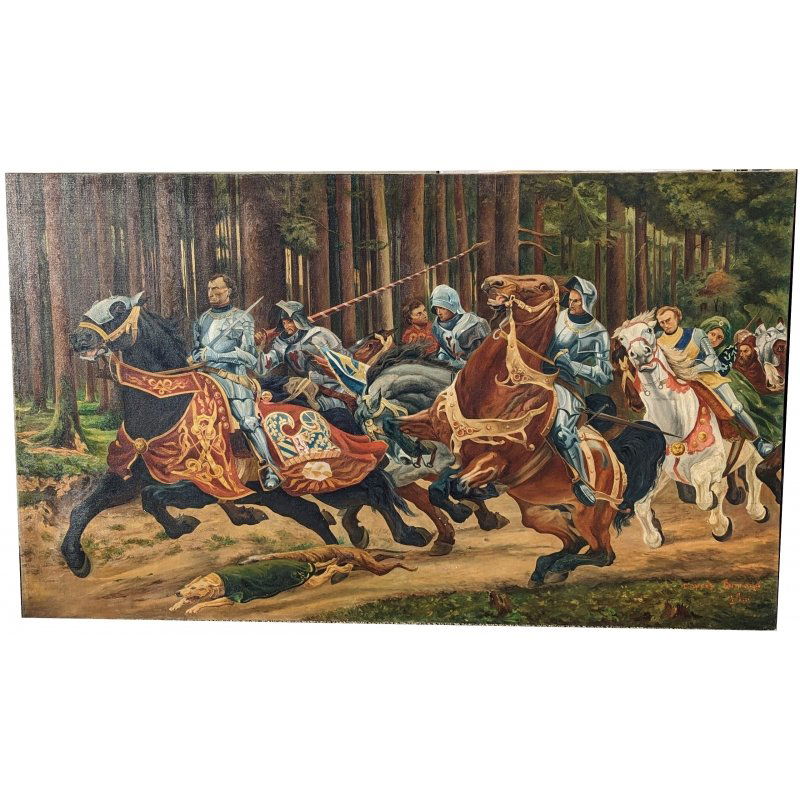Painting "Charles the Bold" signed V. POZZI: Oil on canvas "The Flight of Charles the Bold" after BURNAND signed V. POZZIOrigin: SwitzerlandPeriod: 20th centuryMaterials: Oil on canvasDimensions: Ht 100 x 170 cm