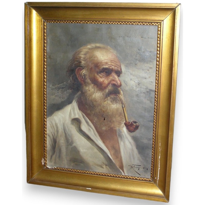 Oil painting on canvas "Portrait of a man with a pipe", signed R. FRIGERIO. Italy. 19th century: Signed lower right R. FRIGERIO (Raffaele, 1875-?). Dimensions of the oil on canvas: Ht 39cm x 29cm.Origin: ItalyPeriod: 19th centuryMaterials: Oil on canvasDimensions: Ht 48 x 38 cm