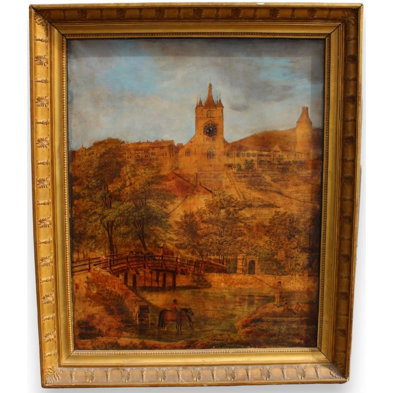 Swiss Early 19th century Pendulum painting "View of Orbe": Pendulum watercolor with music box "Vue d'Orbe" attributed to Franz KAISERMANN (1765-1833)Origin: SwitzerlandPeriod: Early 19th centuryMaterials: PaperDimensions: Ht 84 x 67Frame dimensions: Ht 100 x