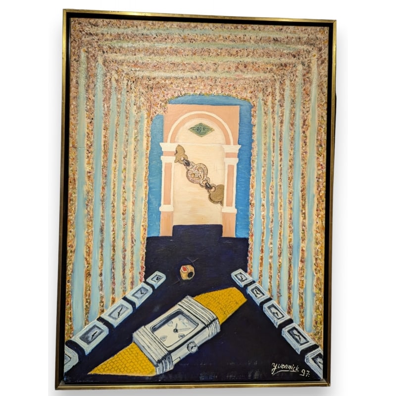 Painting "OJ. PERRIN Watches" signed YVONNICK 97: Oil on canvas "Watches OJ. PERRIN" signed YVONNICK 97Origin: FrancePeriod: 20th centuryMaterials: Oil on canvasDimensions: Ht 90 x 65Frame dimensions: Ht 94 x 69 cm